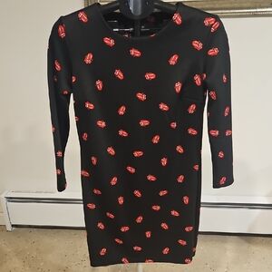 the Rolling Stones Black Long Sleeve Dress with Red Tongue Print